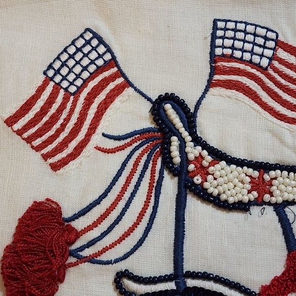 Pier 1 Beaded Embroidered Table Runner Patriotic Red White Blue VTG 13.5" x 71" - Picture 4 of 12